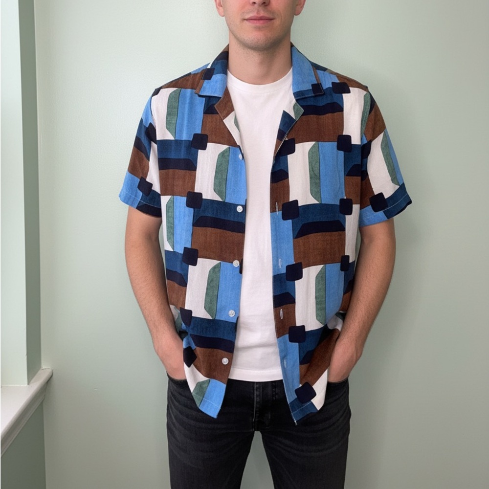 Men's Geometric Pattern Shirt - Blue, Green, Brown Nova Men size Large Viscose